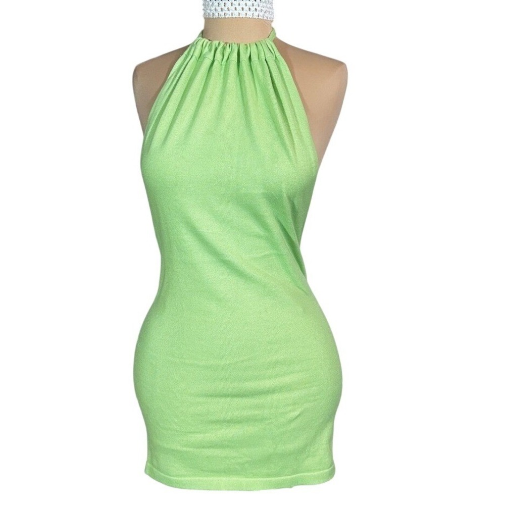 Lime Green Halter Neck Backless Knit Bodycon Mini Dress XSmall Summer Vacation
